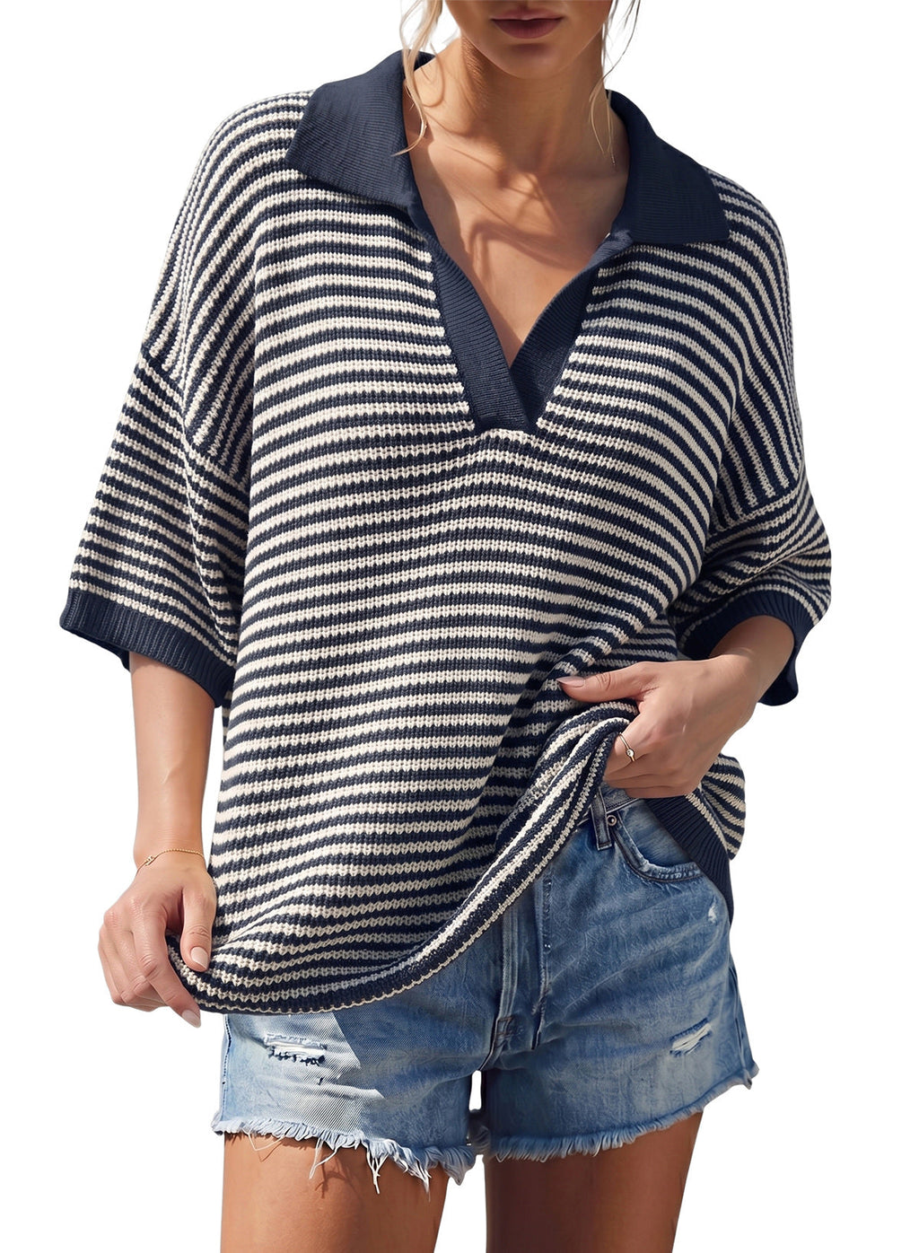 Collared Neck Contrast Striped Top and Shorts Sweater Set