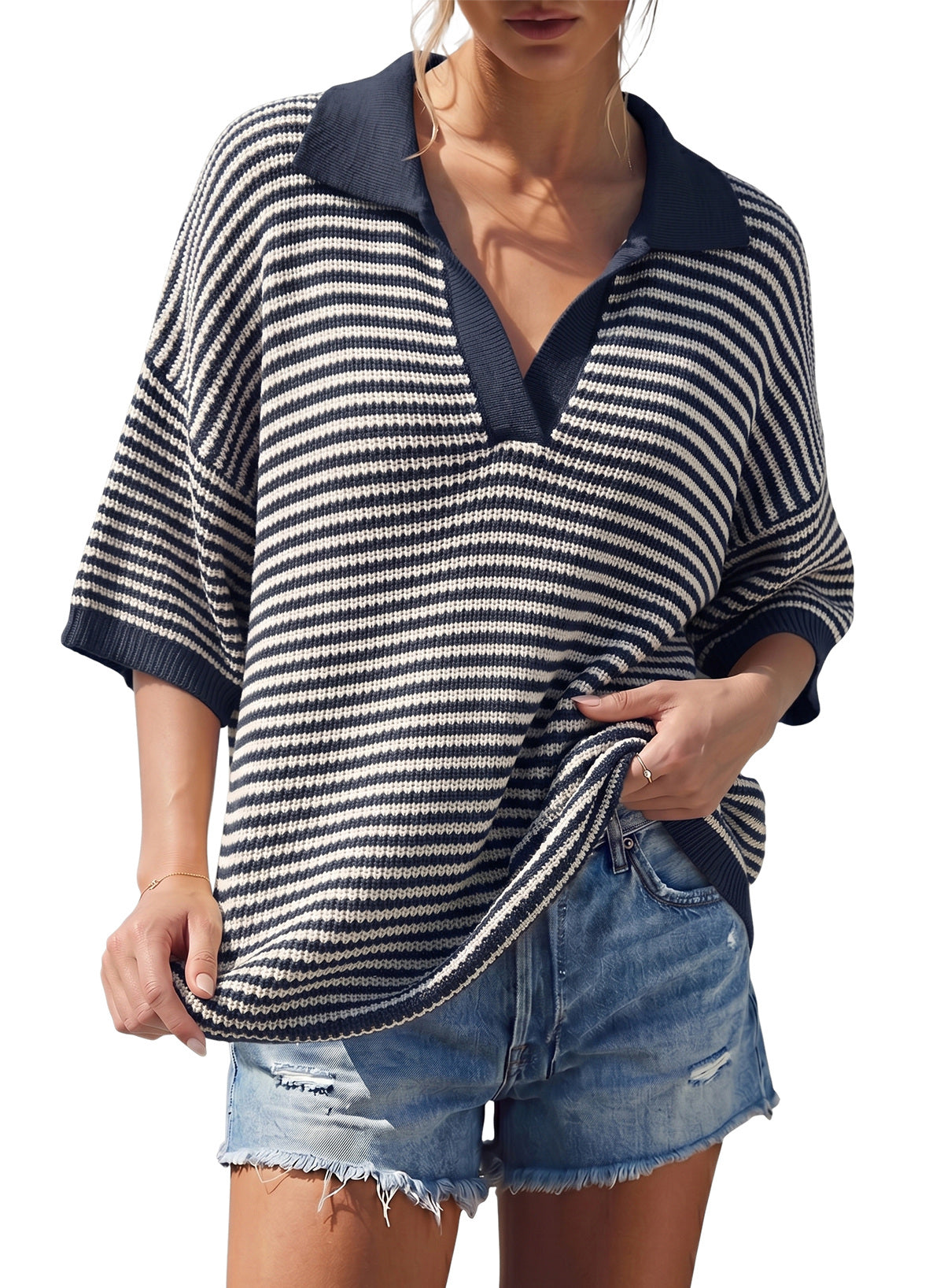 Collared Neck Contrast Striped Top and Shorts Sweater Set