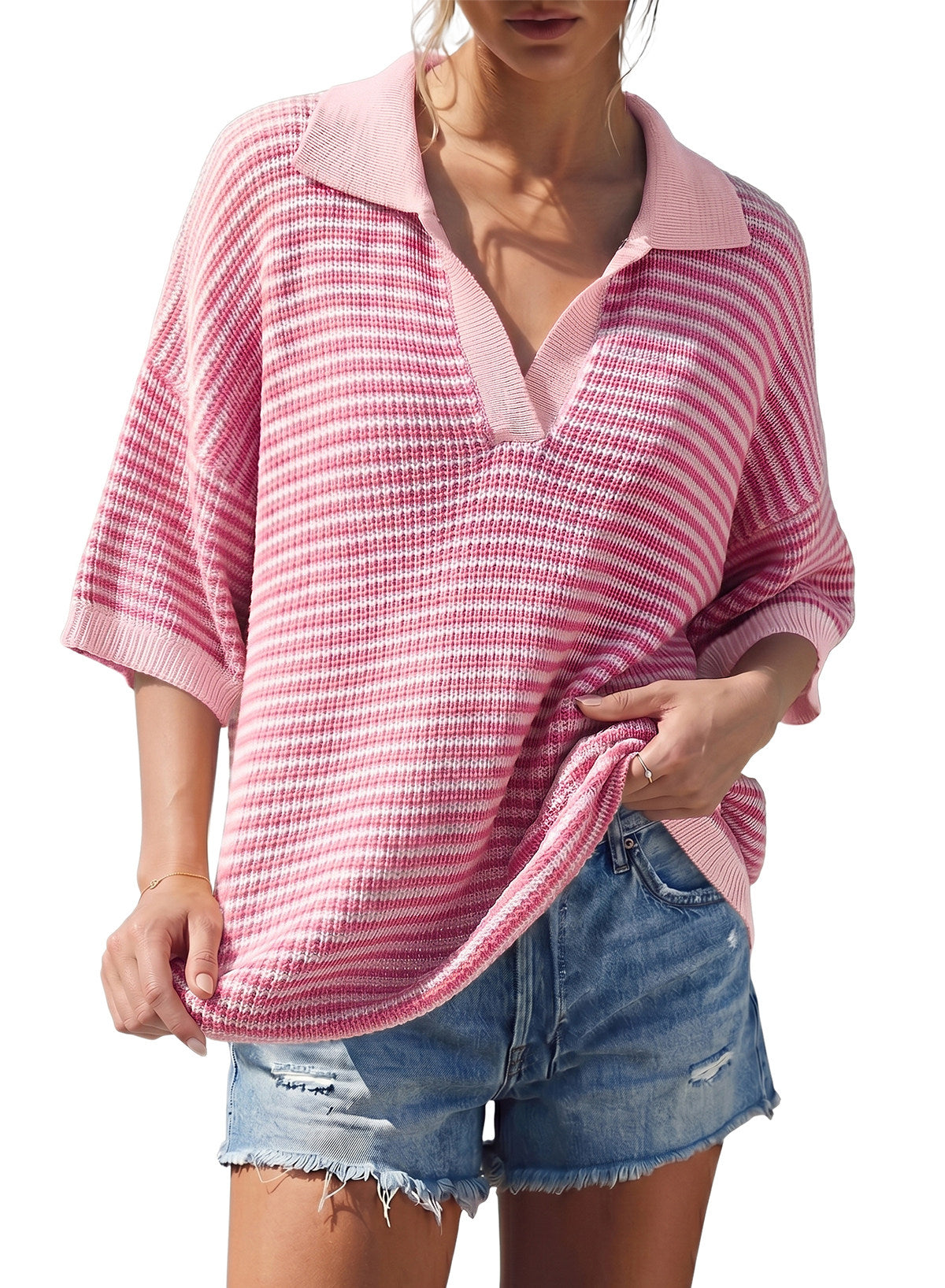 Collared Neck Contrast Striped Top and Shorts Sweater Set