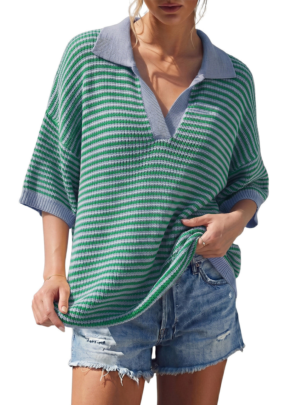 Collared Neck Contrast Striped Top and Shorts Sweater Set