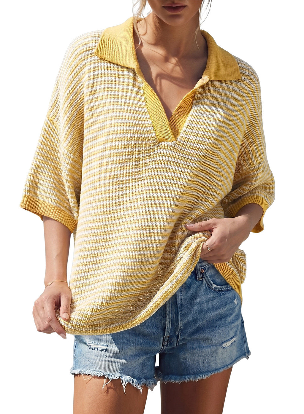 Collared Neck Contrast Striped Top and Shorts Sweater Set