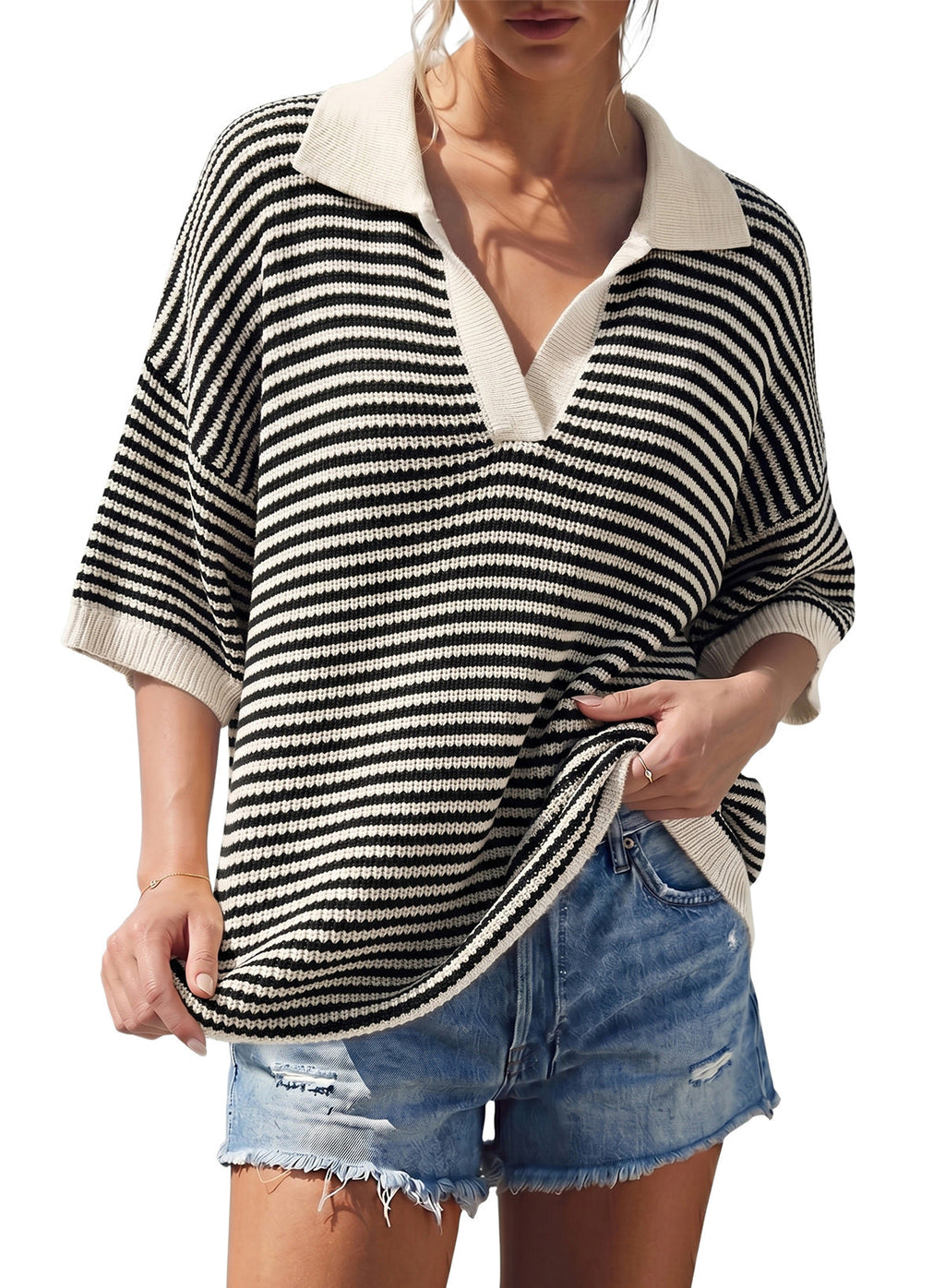 Collared Neck Contrast Striped Top and Shorts Sweater Set