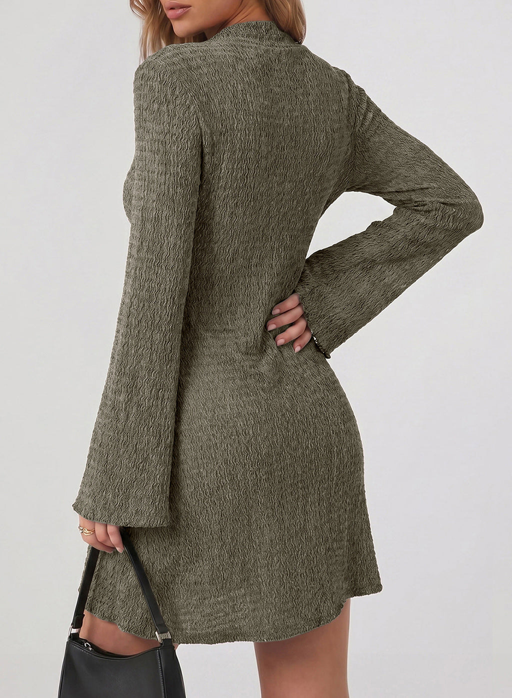 Womens Bell Long Sleeve Mock Neck Tie Waist Ruched Mini Dresses