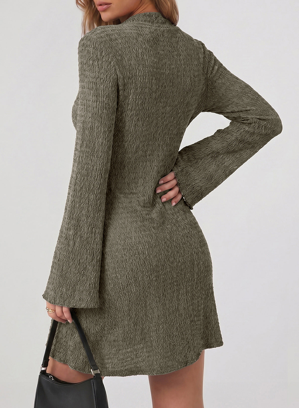 Womens Bell Long Sleeve Mock Neck Tie Waist Ruched Mini Dresses