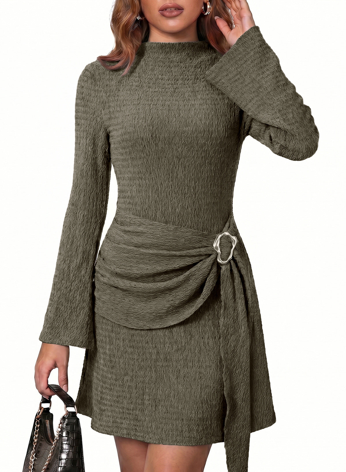 Womens Bell Long Sleeve Mock Neck Tie Waist Ruched Mini Dresses