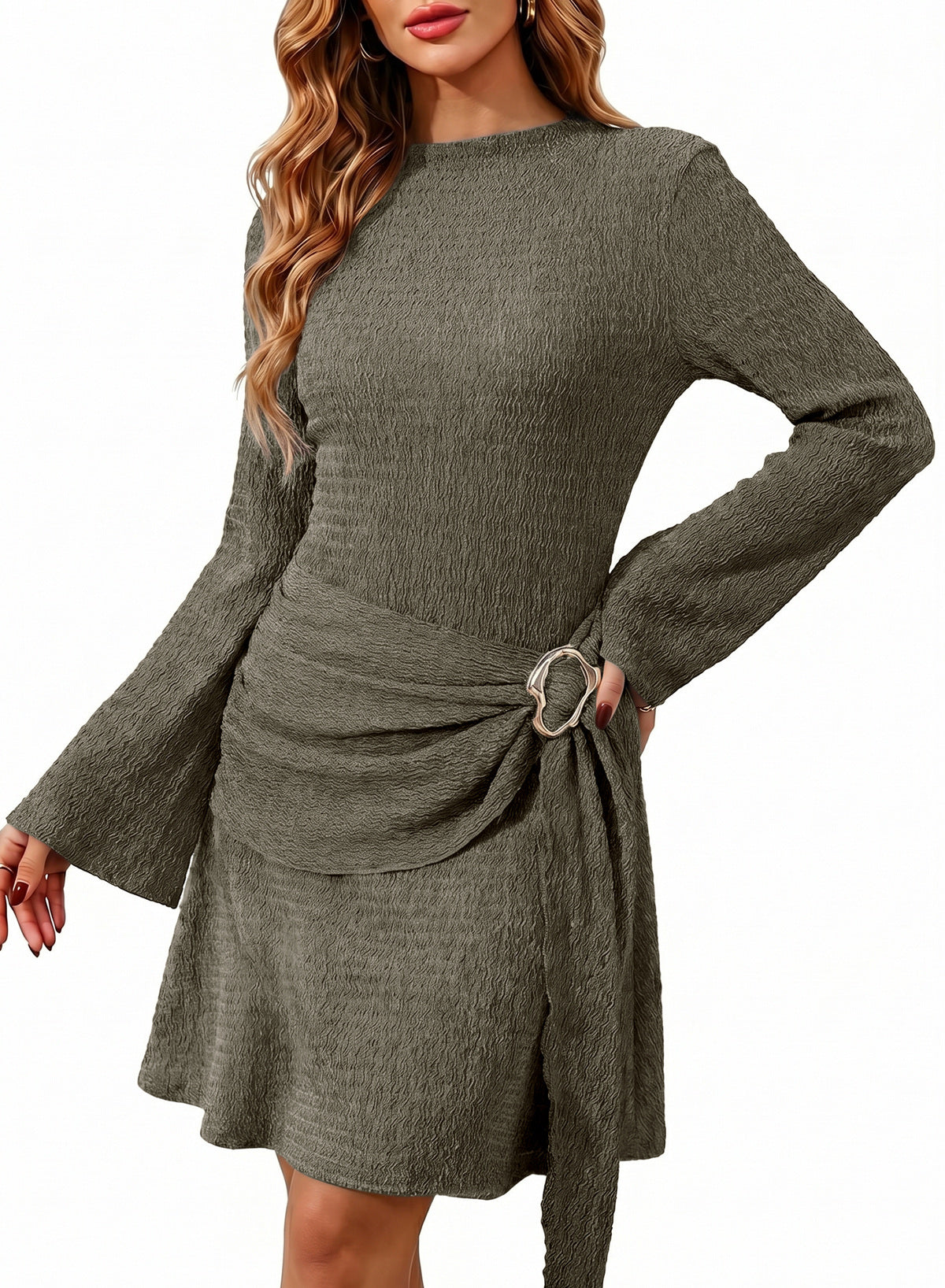 Womens Bell Long Sleeve Mock Neck Tie Waist Ruched Mini Dresses
