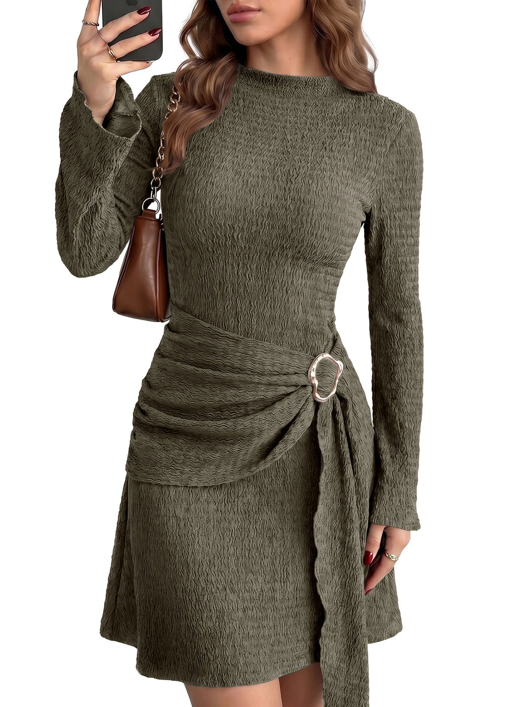 Womens Bell Long Sleeve Mock Neck Tie Waist Ruched Mini Dresses