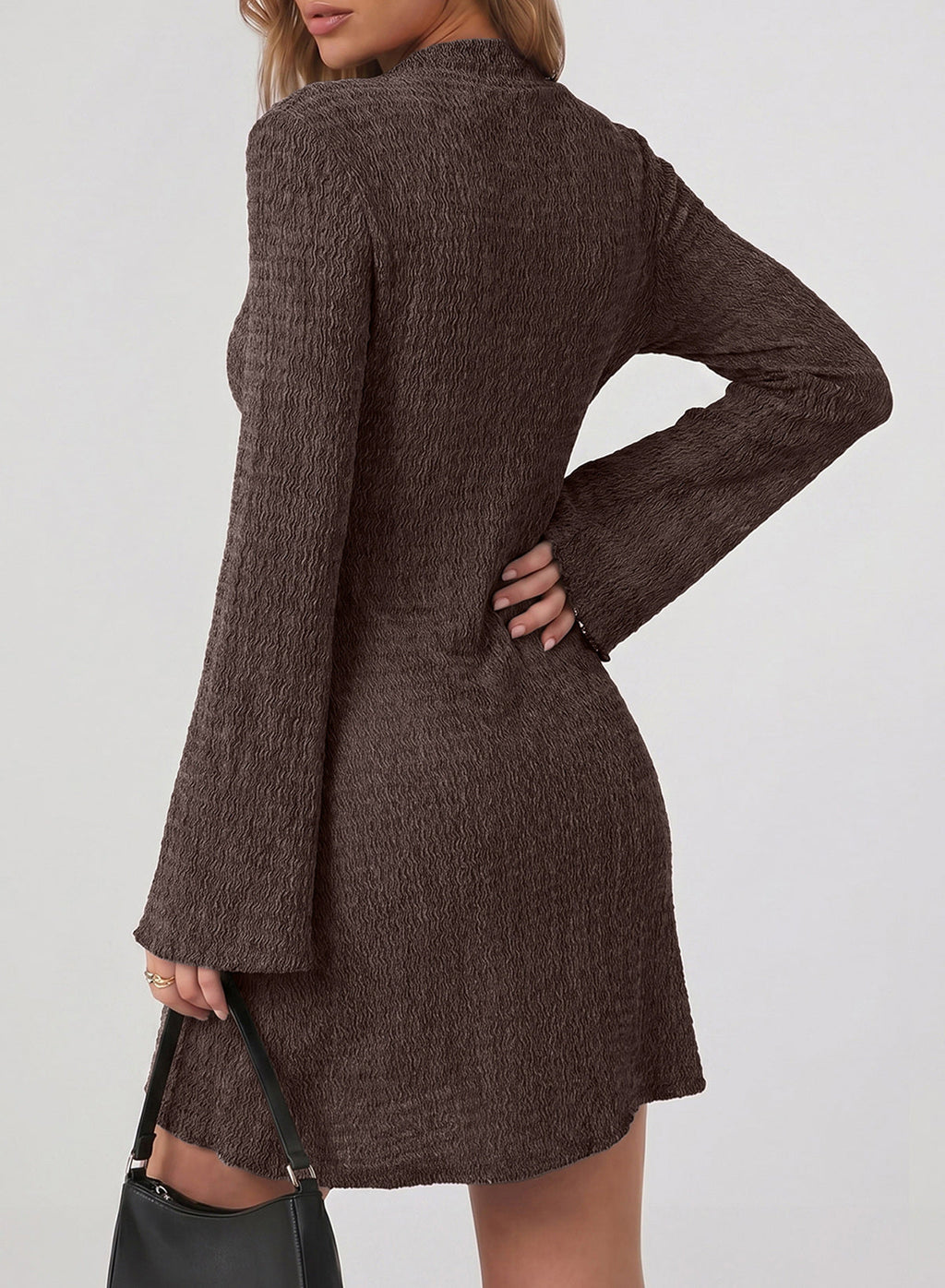 Womens Bell Long Sleeve Mock Neck Tie Waist Ruched Mini Dresses