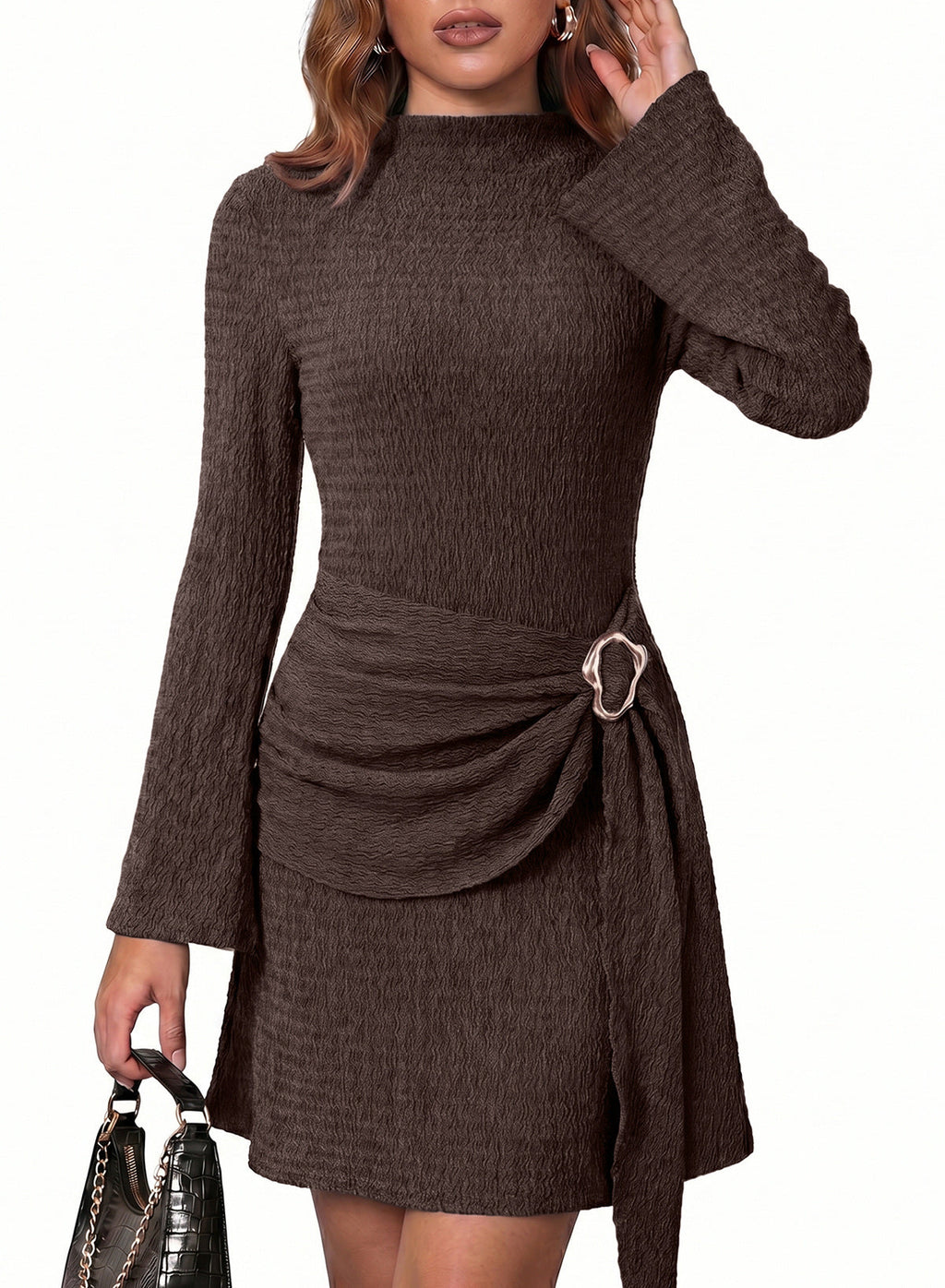 Womens Bell Long Sleeve Mock Neck Tie Waist Ruched Mini Dresses