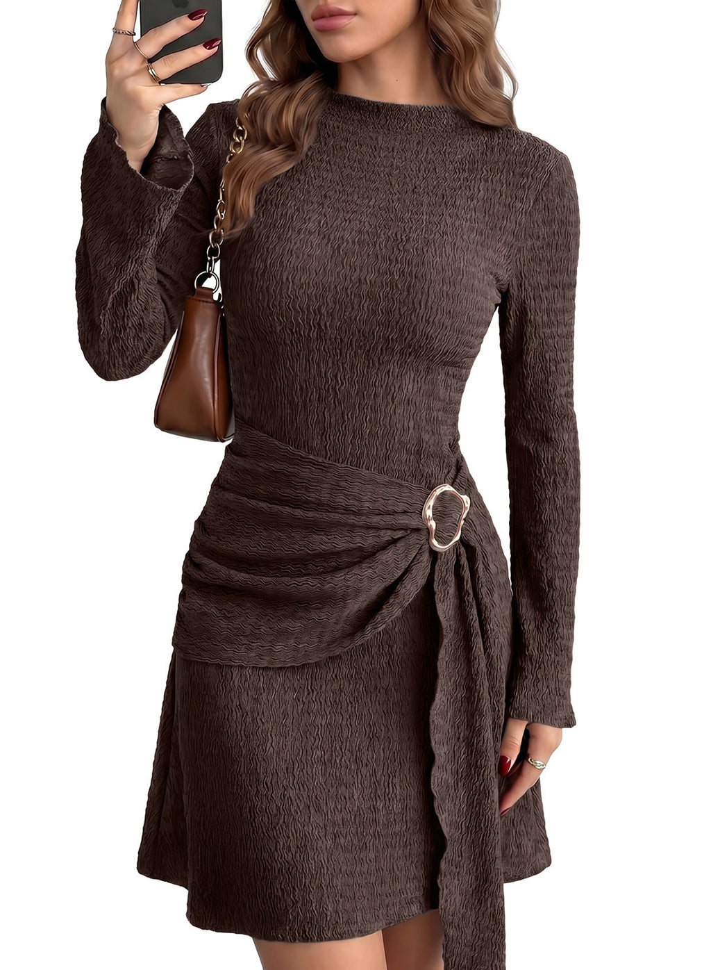 Womens Bell Long Sleeve Mock Neck Tie Waist Ruched Mini Dresses