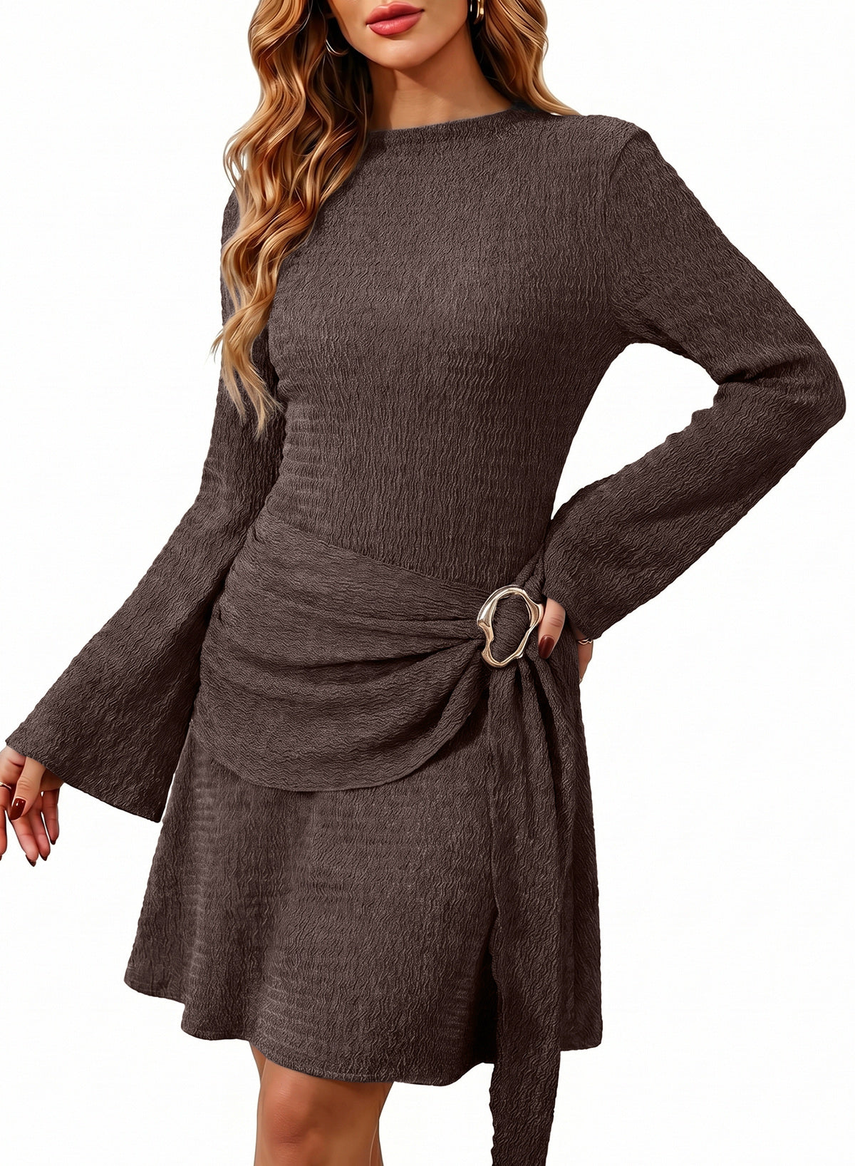 Womens Bell Long Sleeve Mock Neck Tie Waist Ruched Mini Dresses