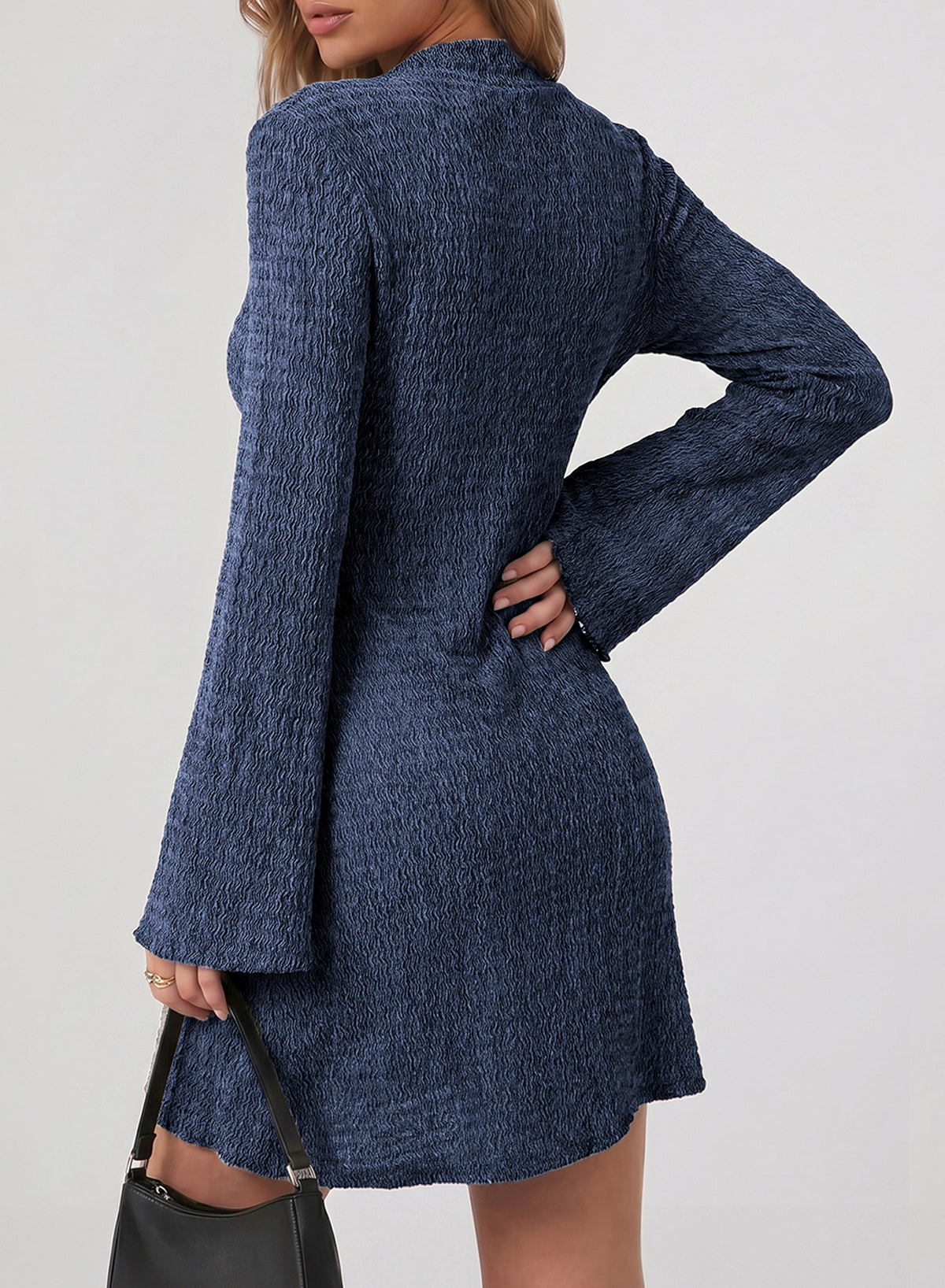 Womens Bell Long Sleeve Mock Neck Tie Waist Ruched Mini Dresses