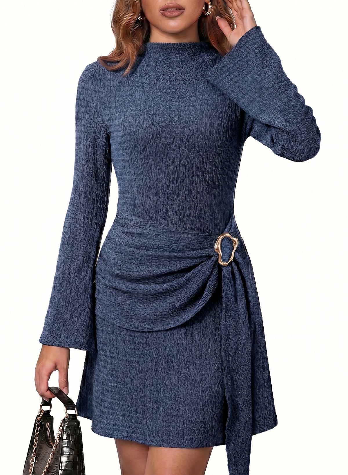 Womens Bell Long Sleeve Mock Neck Tie Waist Ruched Mini Dresses