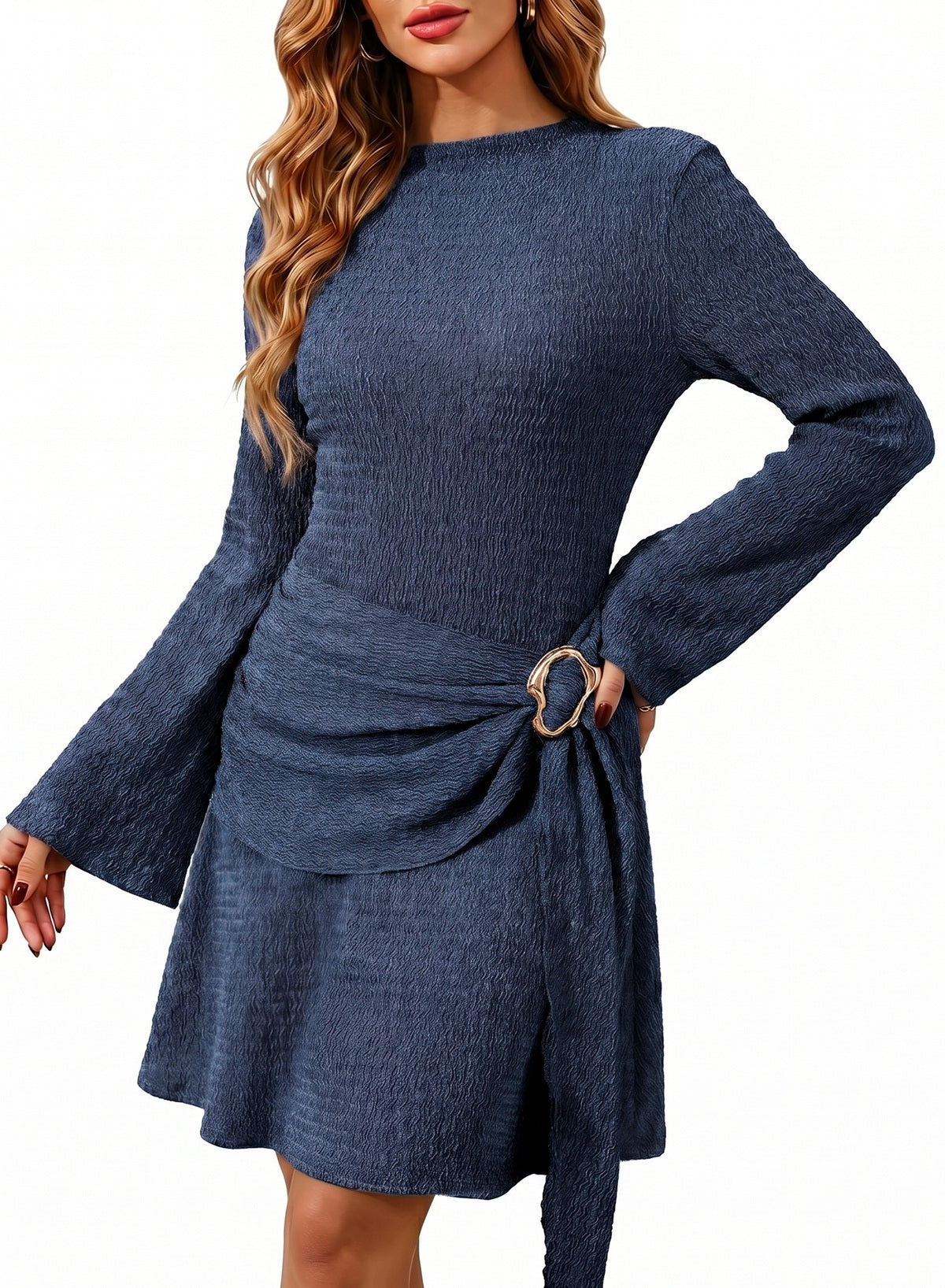 Womens Bell Long Sleeve Mock Neck Tie Waist Ruched Mini Dresses