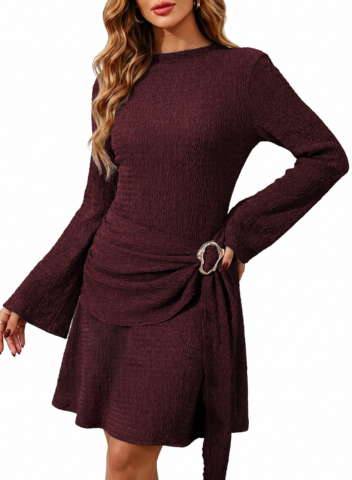 Womens Bell Long Sleeve Mock Neck Tie Waist Ruched Mini Dresses