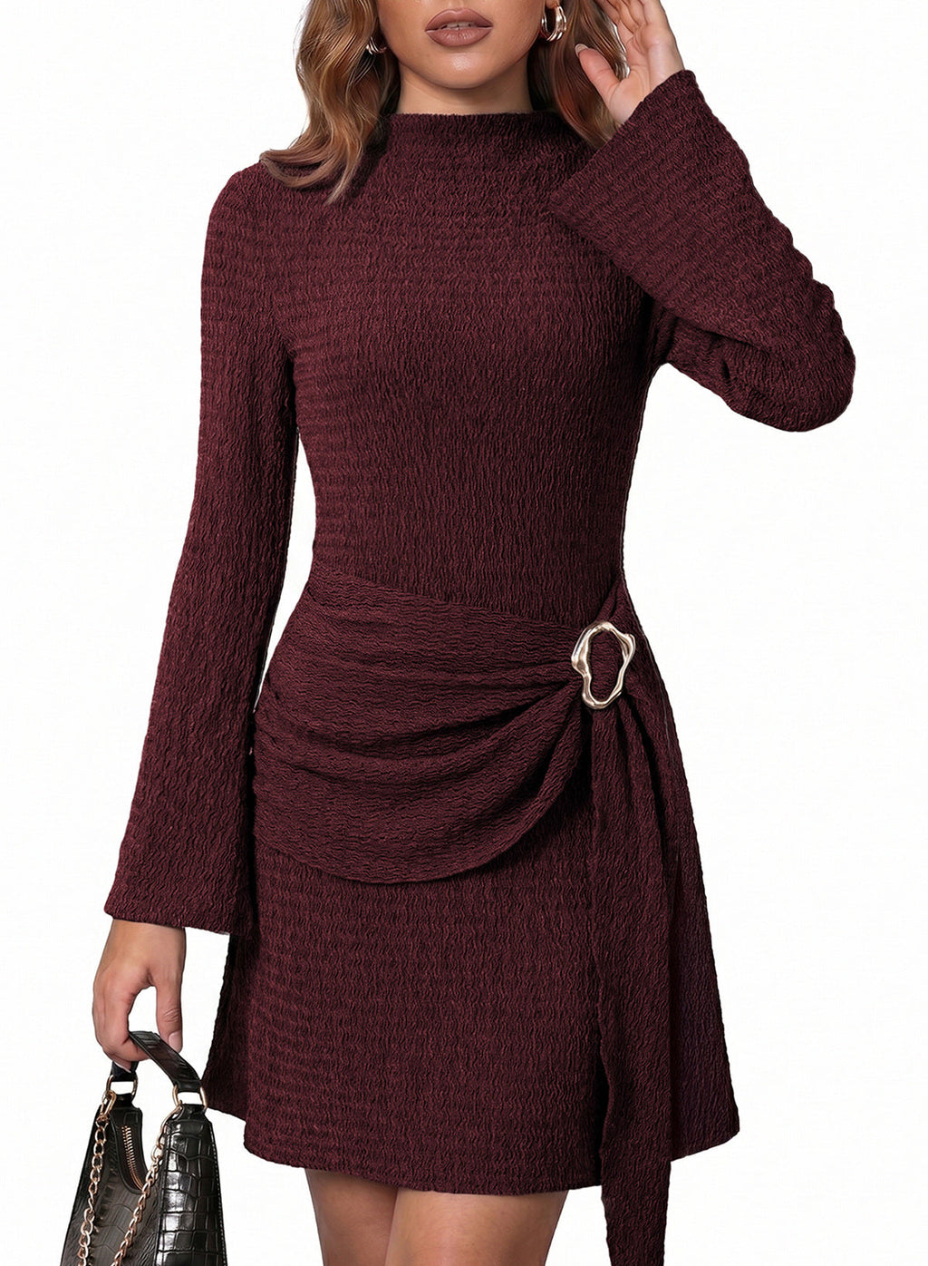 Womens Bell Long Sleeve Mock Neck Tie Waist Ruched Mini Dresses