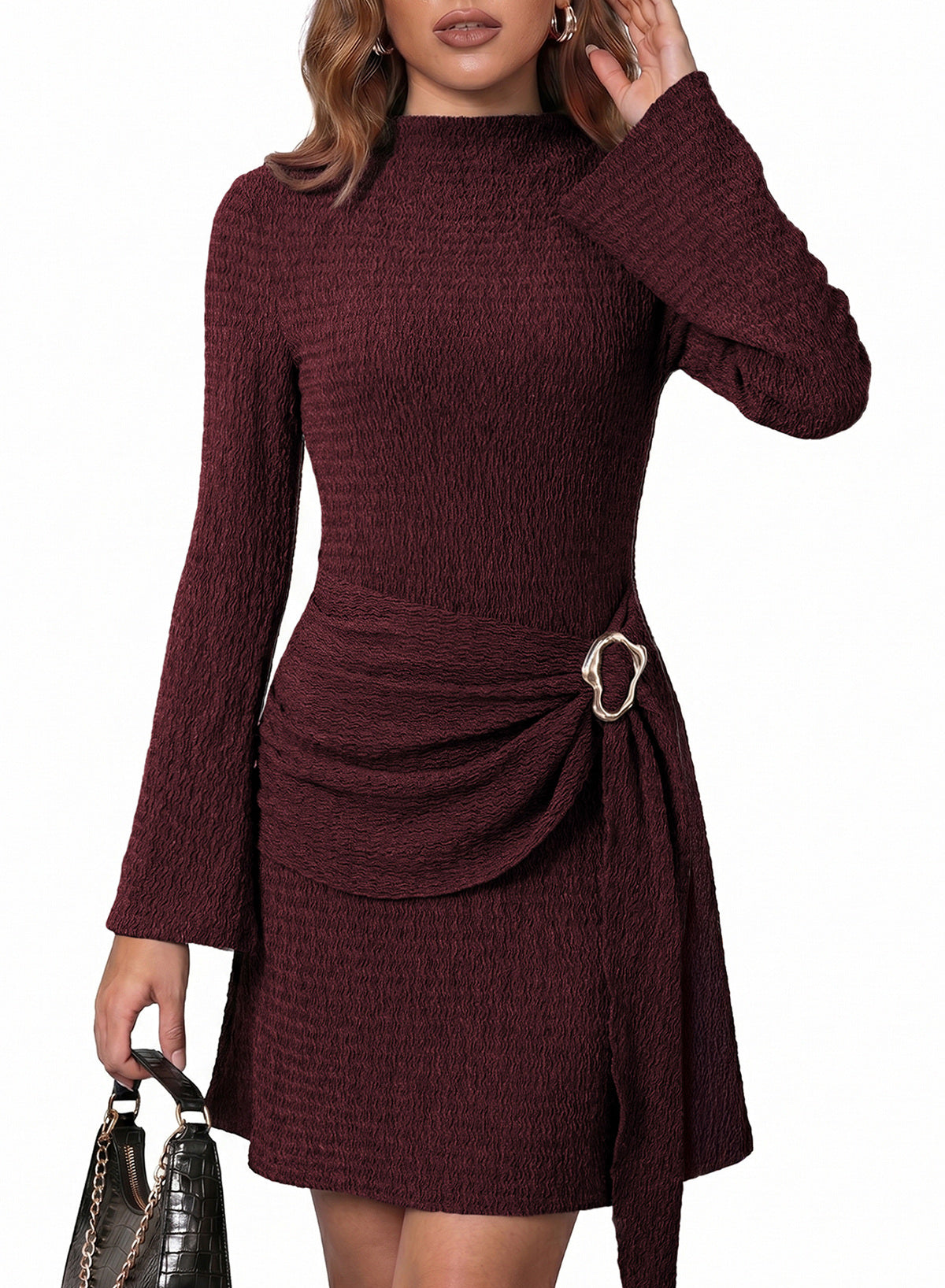 Womens Bell Long Sleeve Mock Neck Tie Waist Ruched Mini Dresses