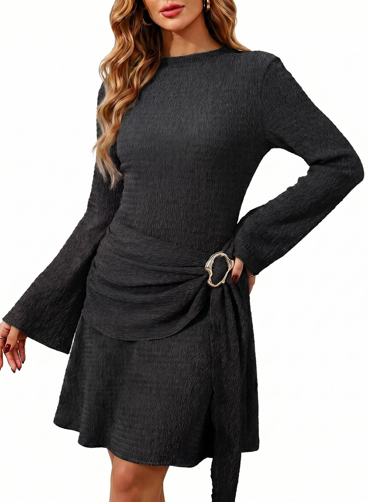 Womens Bell Long Sleeve Mock Neck Tie Waist Ruched Mini Dresses