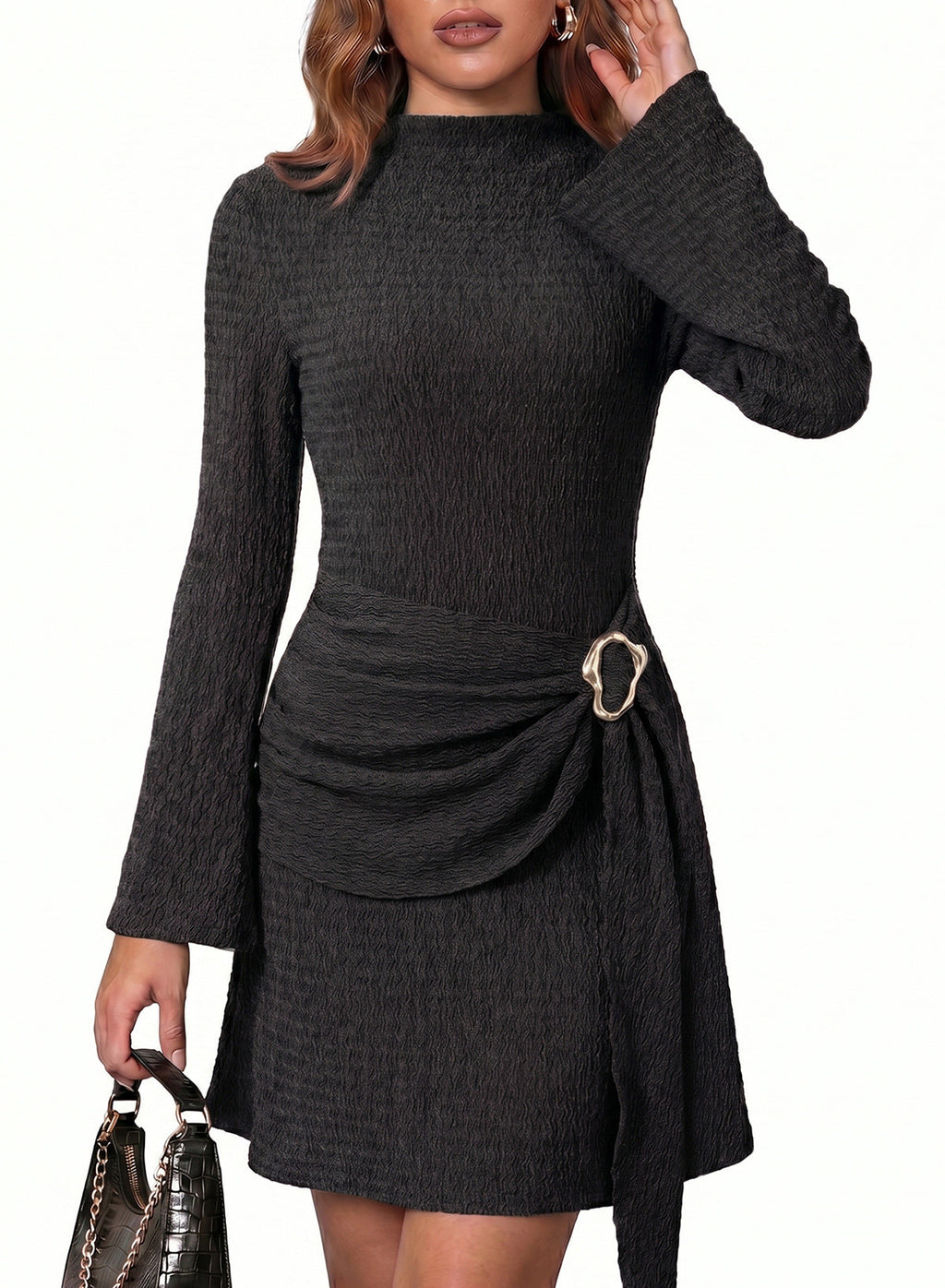 Womens Bell Long Sleeve Mock Neck Tie Waist Ruched Mini Dresses
