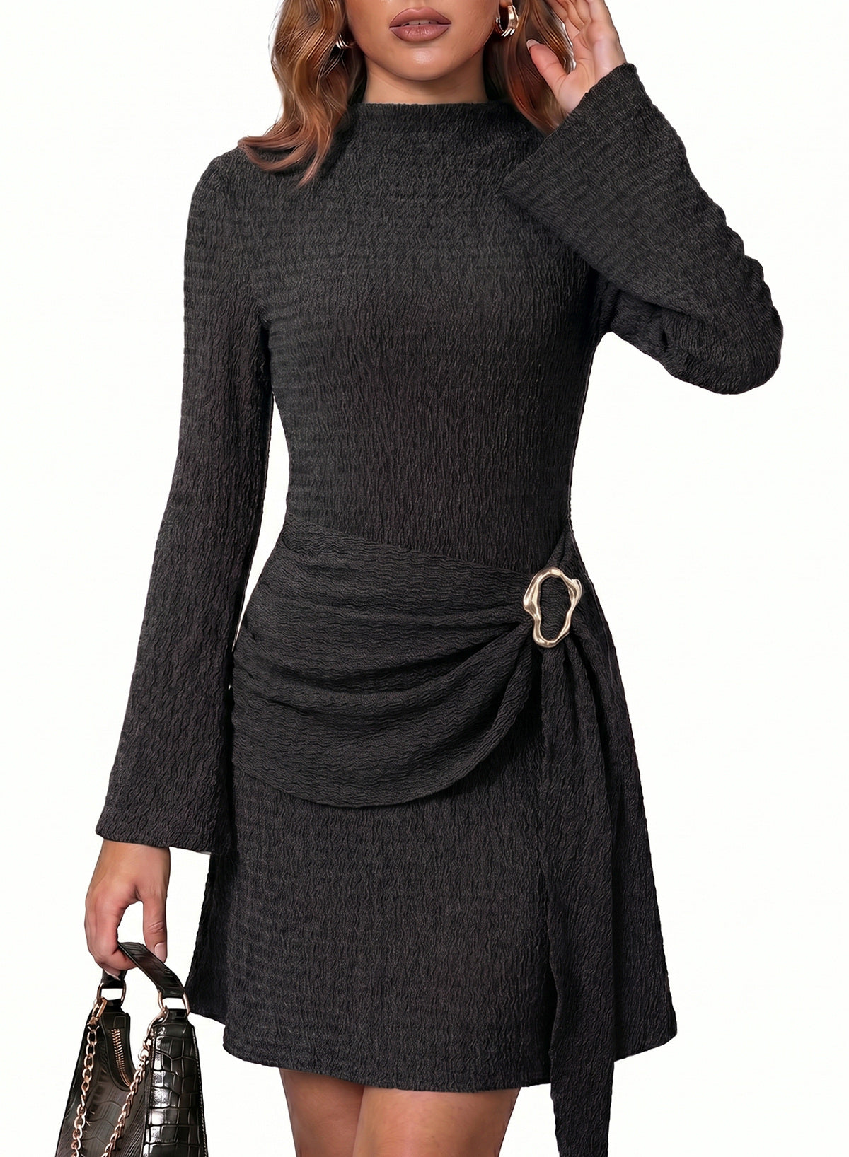 Womens Bell Long Sleeve Mock Neck Tie Waist Ruched Mini Dresses