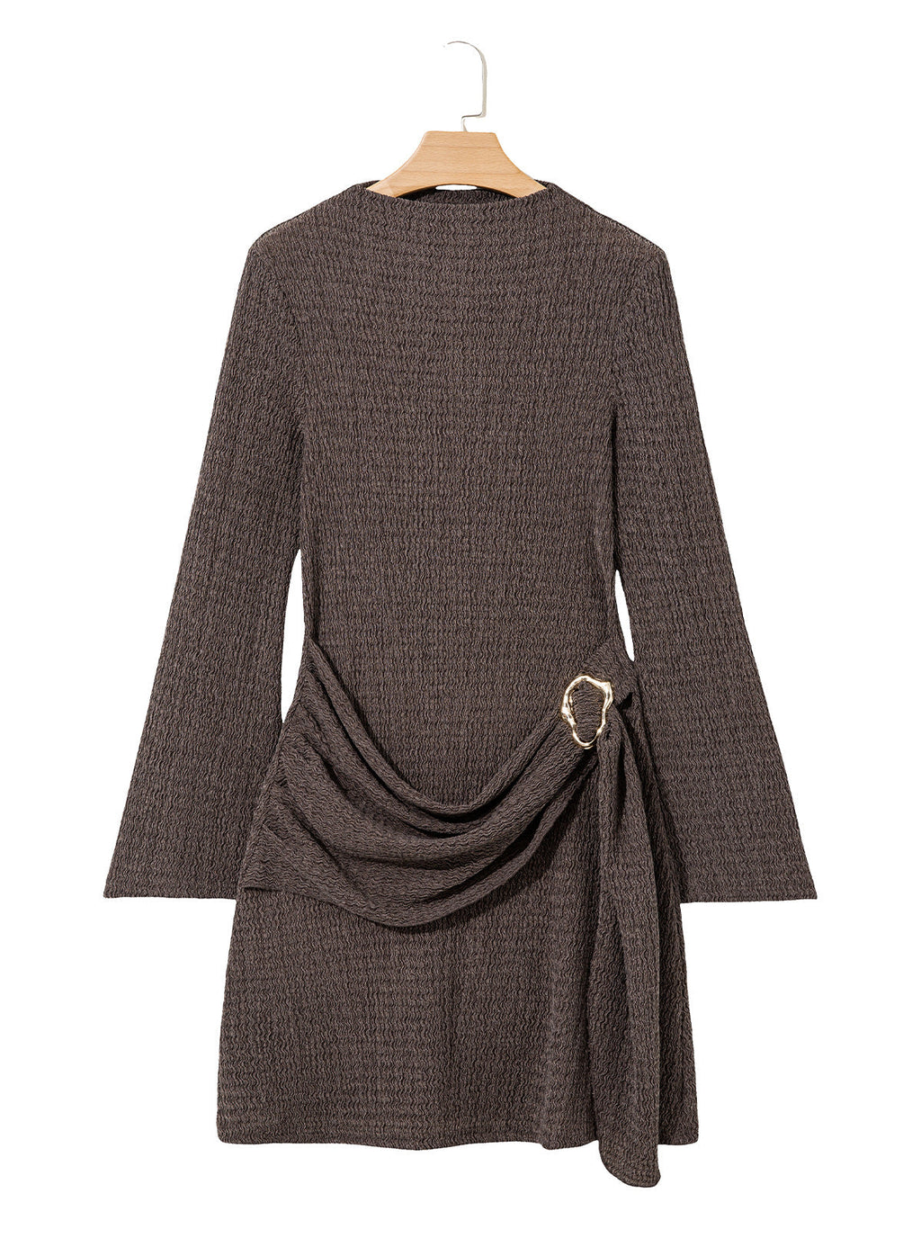 Womens Bell Long Sleeve Mock Neck Tie Waist Ruched Mini Dresses