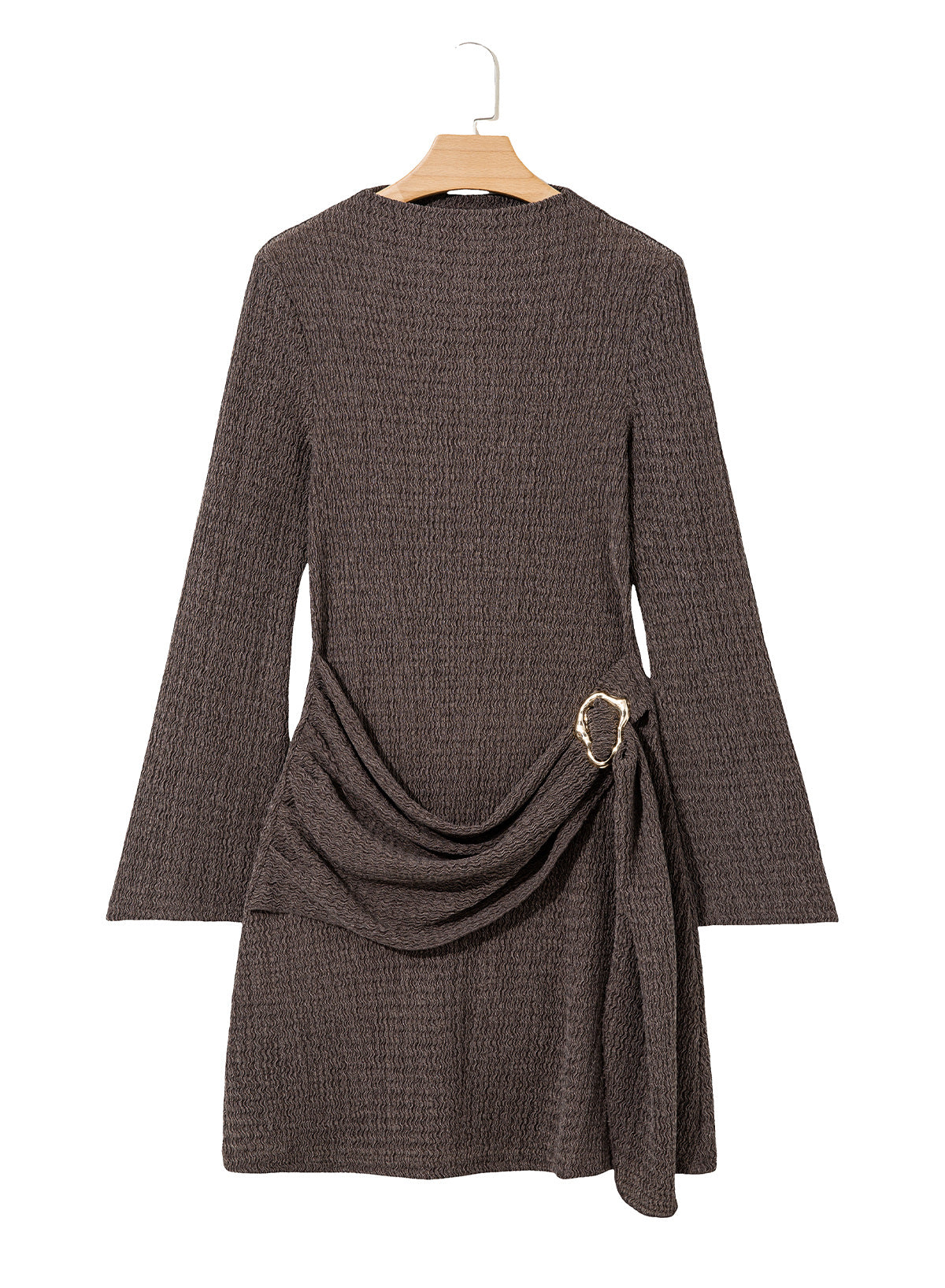 Womens Bell Long Sleeve Mock Neck Tie Waist Ruched Mini Dresses