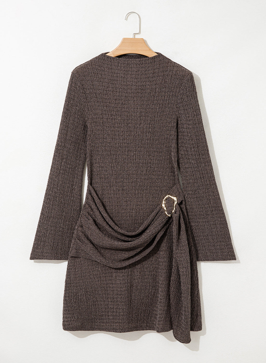 Womens Bell Long Sleeve Mock Neck Tie Waist Ruched Mini Dresses