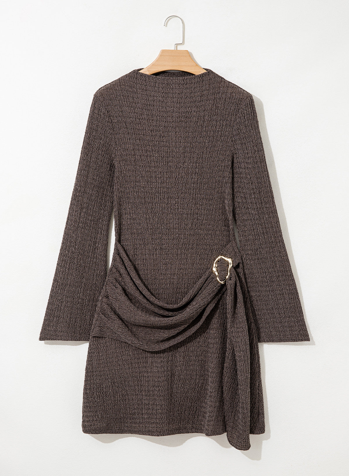 Womens Bell Long Sleeve Mock Neck Tie Waist Ruched Mini Dresses