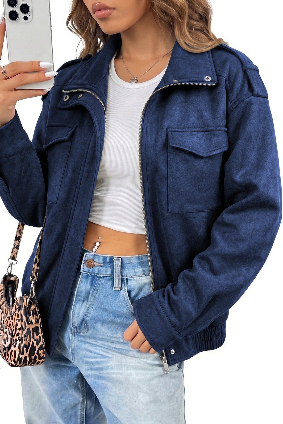 Dokotoo Womens Casual Cropped Bomber Jackets Trendy Solid Zip Up Coats