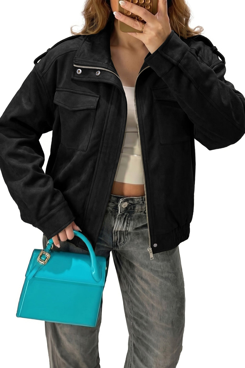 Dokotoo Womens Casual Cropped Bomber Jackets Trendy Solid Zip Up Coats