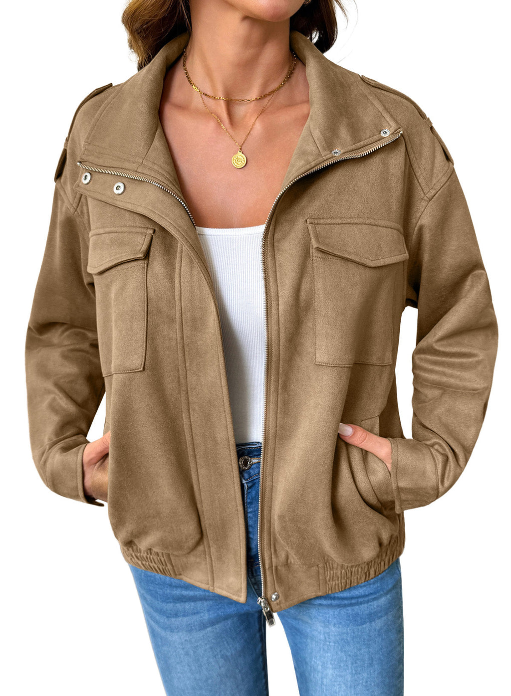 Dokotoo Womens Casual Cropped Bomber Jackets Trendy Solid Zip Up Coats