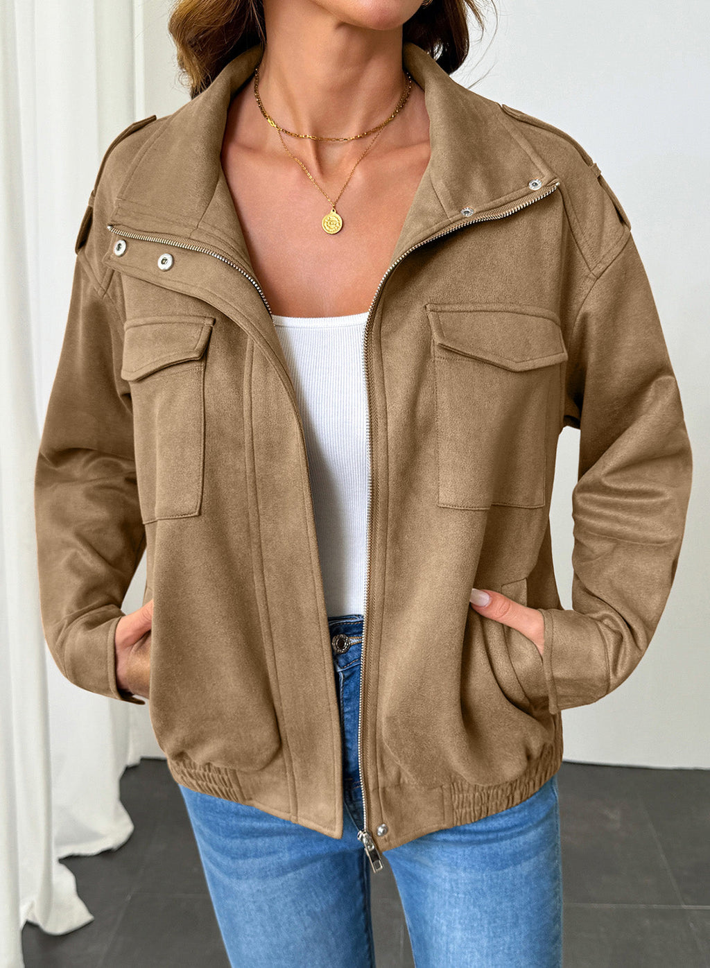 Dokotoo Womens Casual Cropped Bomber Jackets Trendy Solid Zip Up Coats