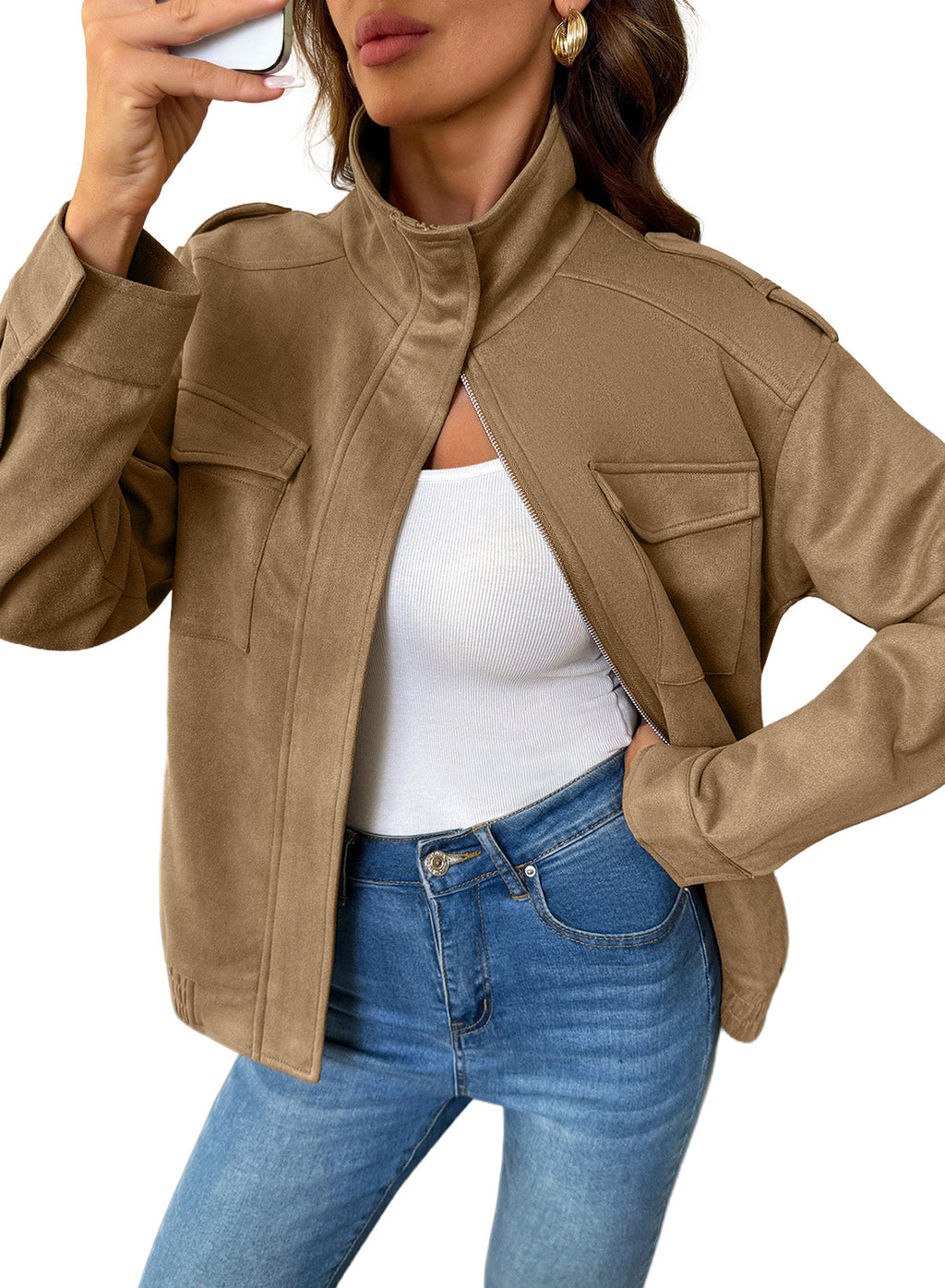 Dokotoo Womens Casual Cropped Bomber Jackets Trendy Solid Zip Up Coats