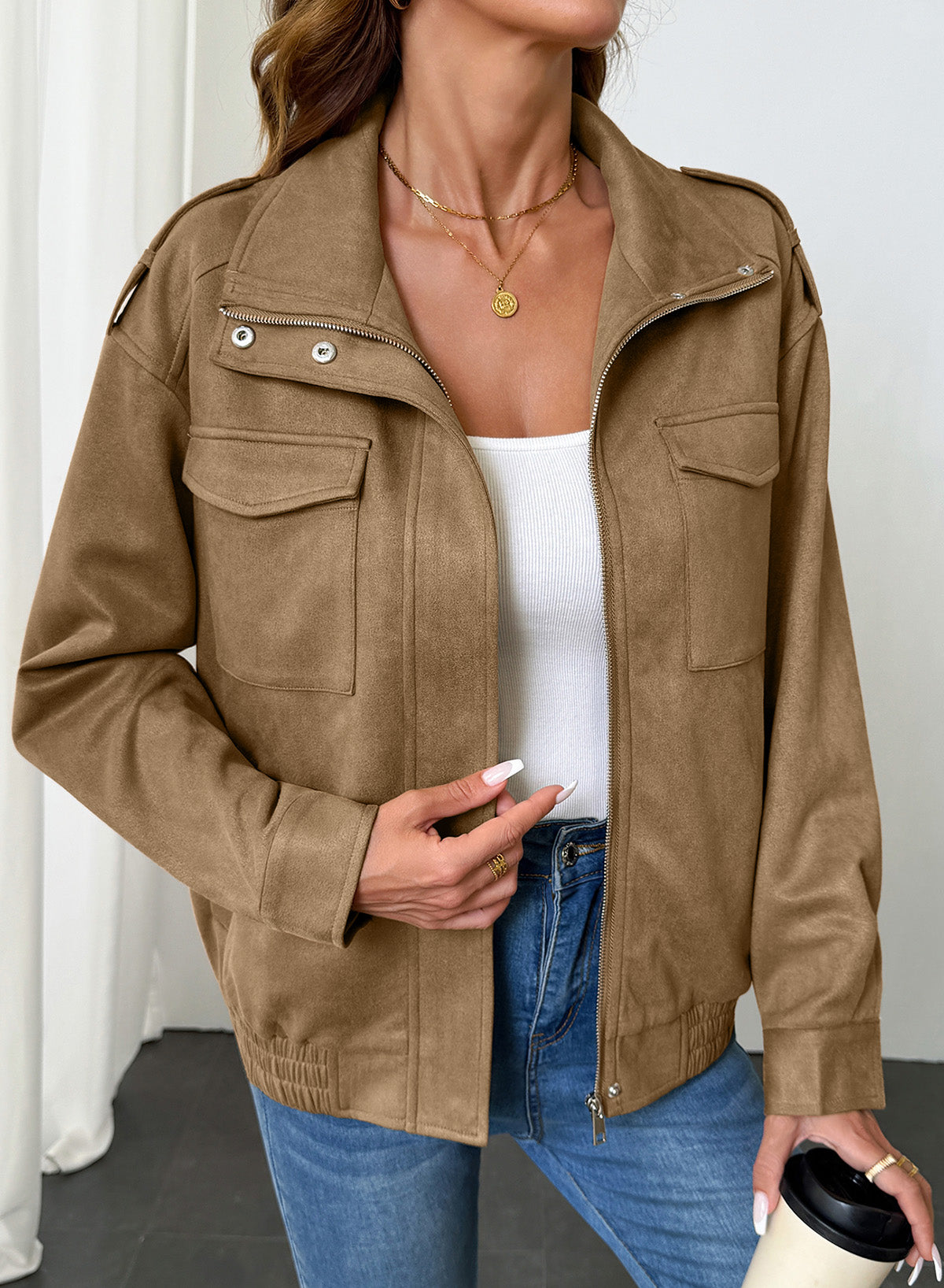 Dokotoo Womens Casual Cropped Bomber Jackets Trendy Solid Zip Up Coats