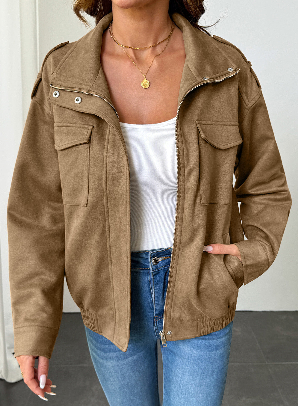 Dokotoo Womens Casual Cropped Bomber Jackets Trendy Solid Zip Up Coats