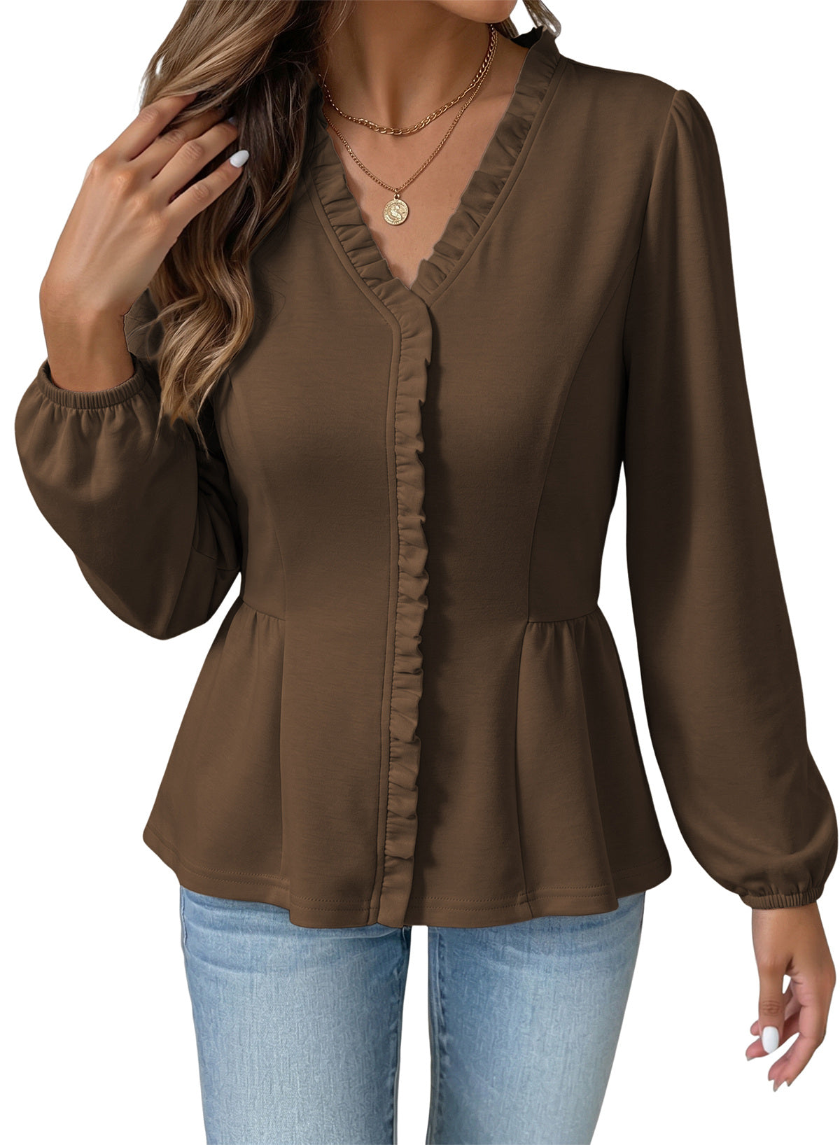 Womens Tops Ruffle Trim V Neck Peplum Babydoll Long Sleeve Shirts