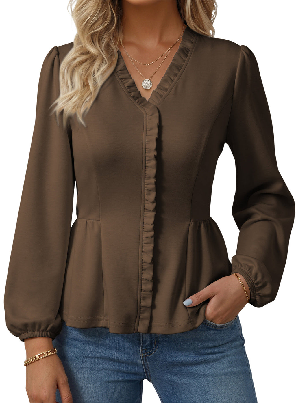 Womens Tops Ruffle Trim V Neck Peplum Babydoll Long Sleeve Shirts