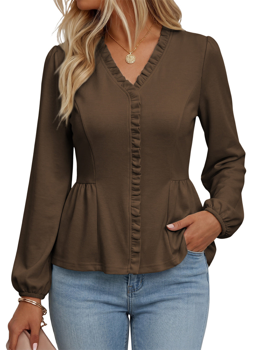 Womens Tops Ruffle Trim V Neck Peplum Babydoll Long Sleeve Shirts
