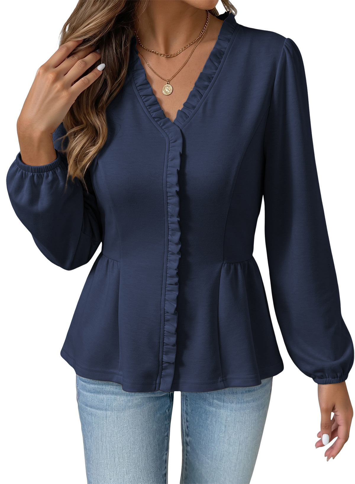 Womens Tops Ruffle Trim V Neck Peplum Babydoll Long Sleeve Shirts