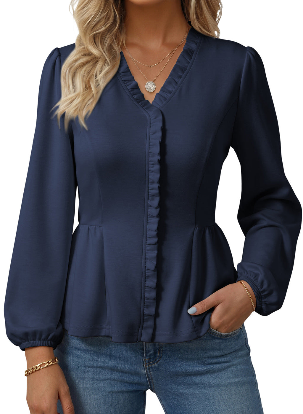 Womens Tops Ruffle Trim V Neck Peplum Babydoll Long Sleeve Shirts