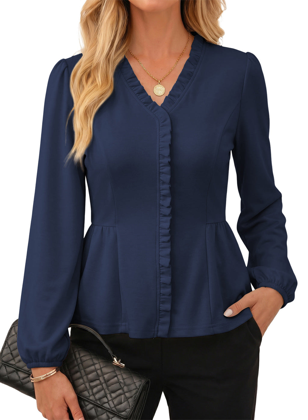 Womens Tops Ruffle Trim V Neck Peplum Babydoll Long Sleeve Shirts