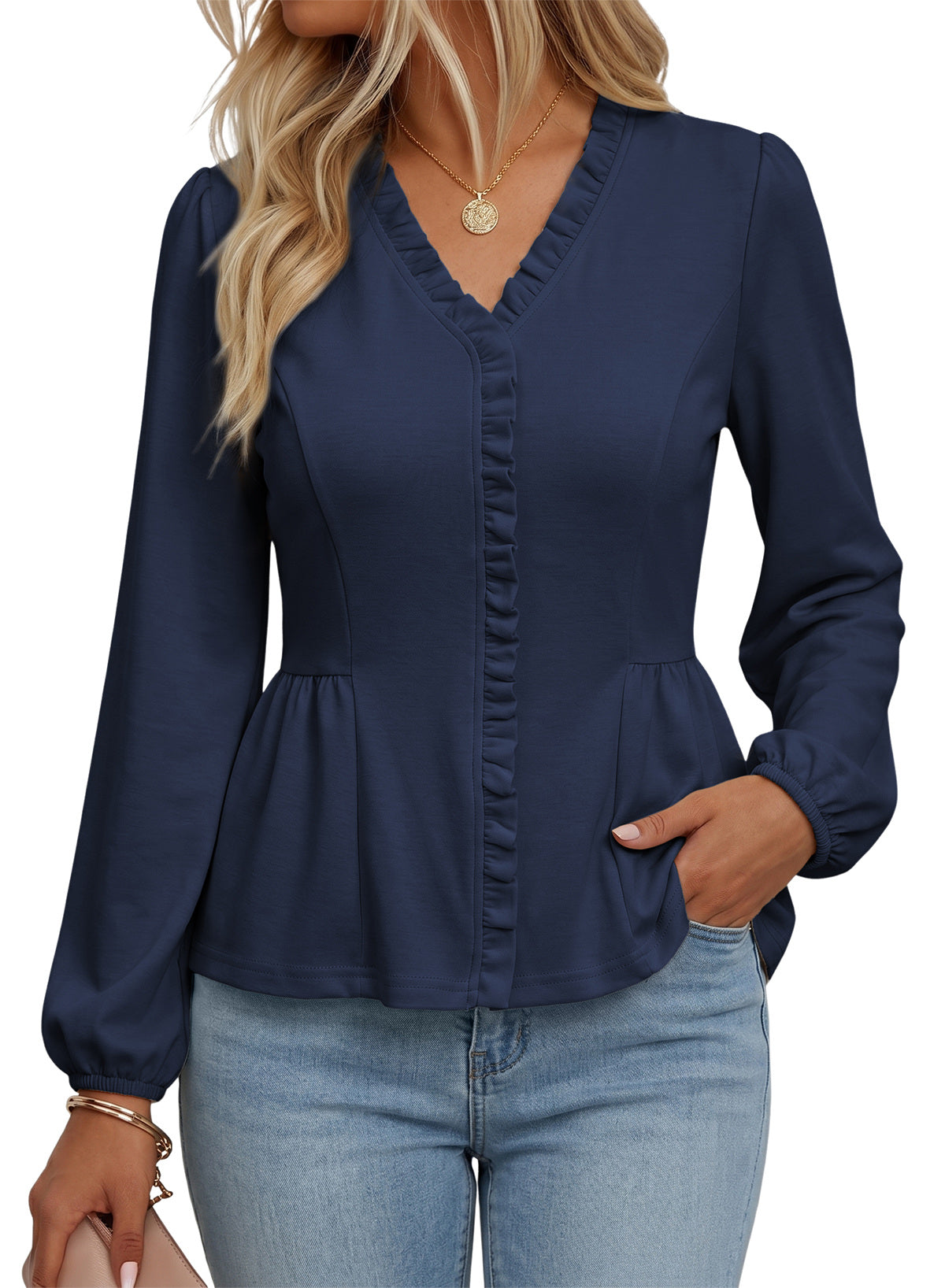 Womens Tops Ruffle Trim V Neck Peplum Babydoll Long Sleeve Shirts