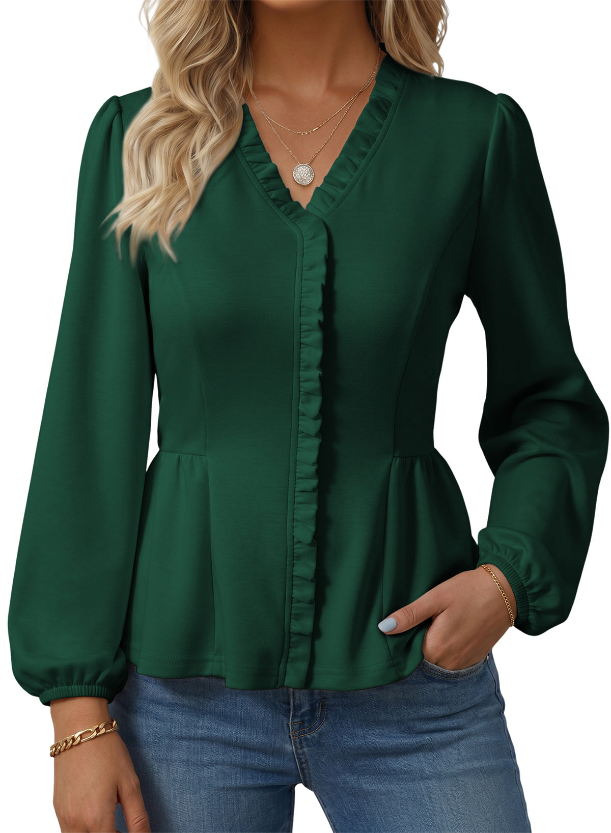 Womens Tops Ruffle Trim V Neck Peplum Babydoll Long Sleeve Shirts