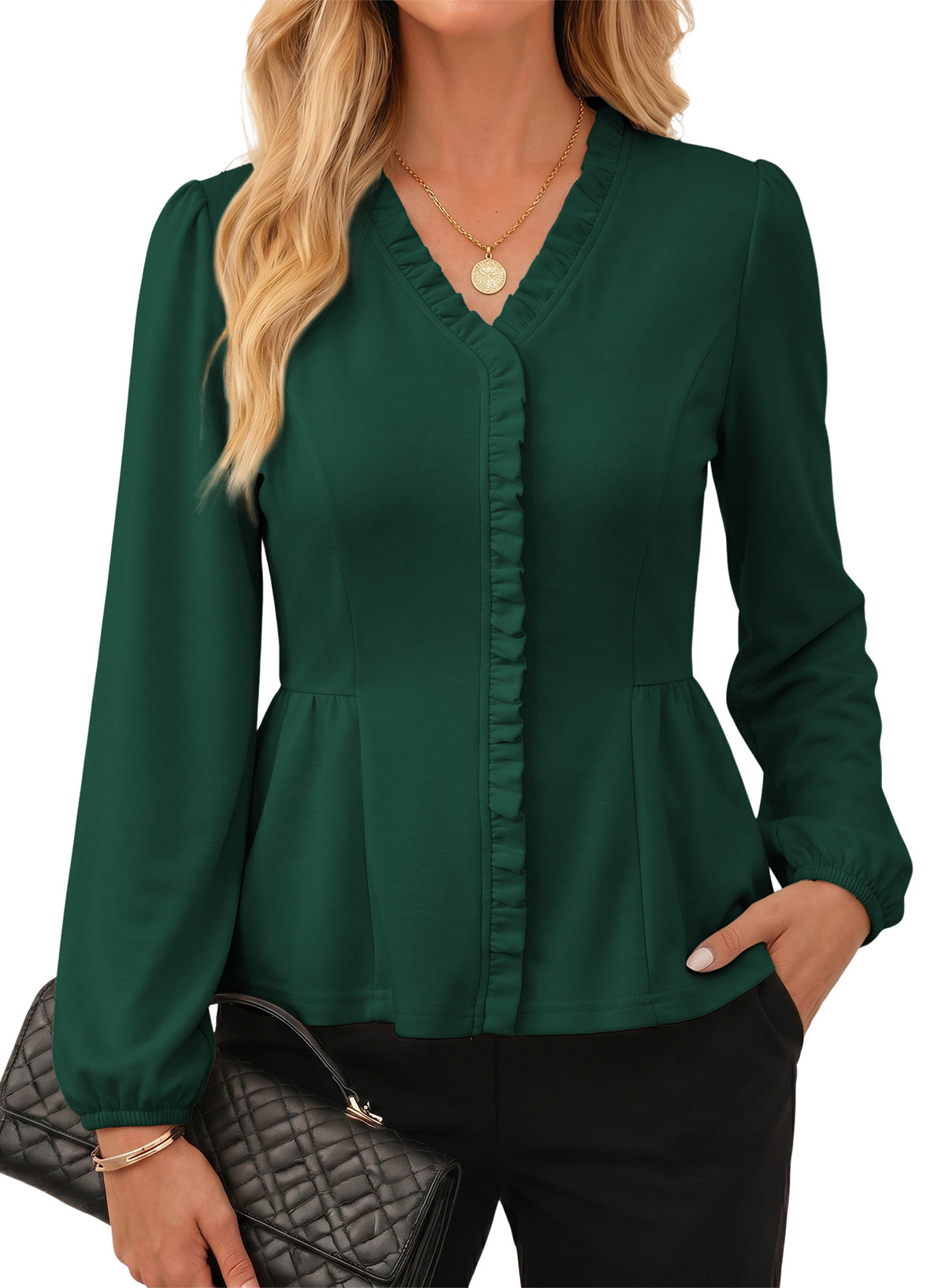 Womens Tops Ruffle Trim V Neck Peplum Babydoll Long Sleeve Shirts