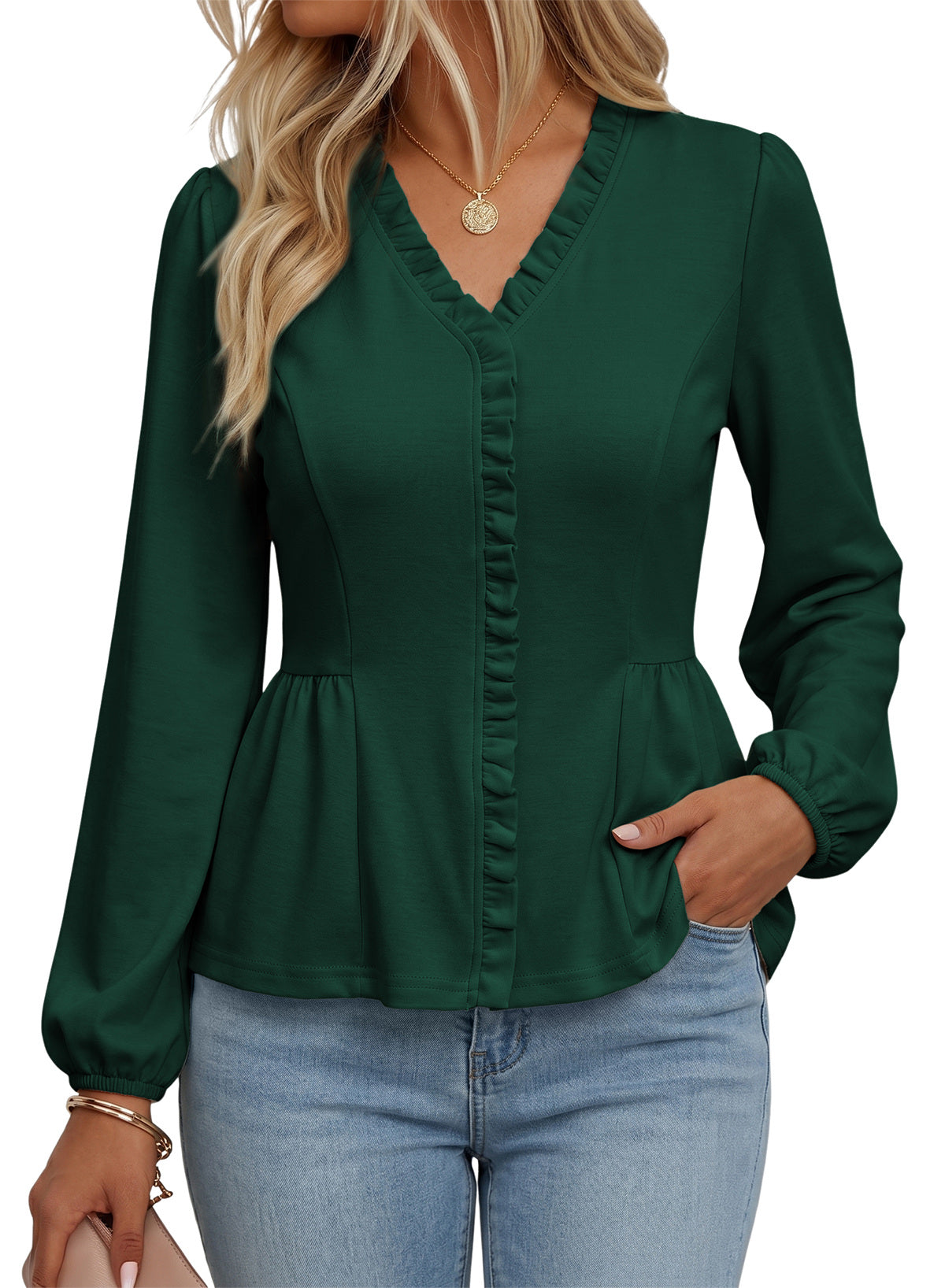 Womens Tops Ruffle Trim V Neck Peplum Babydoll Long Sleeve Shirts