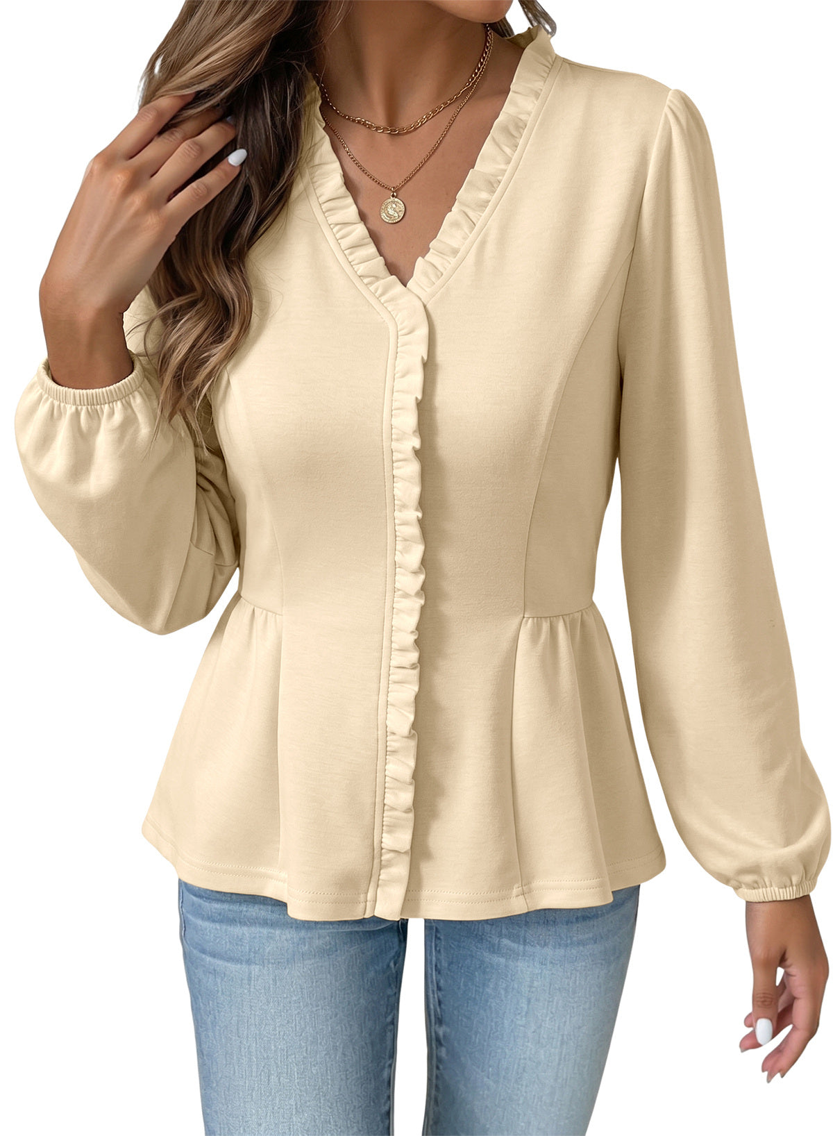 Womens Tops Ruffle Trim V Neck Peplum Babydoll Long Sleeve Shirts