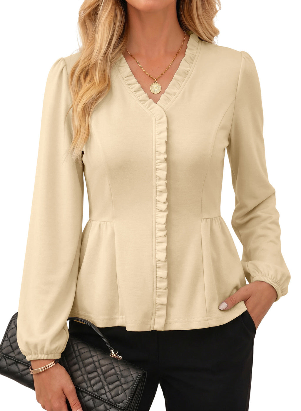 Womens Tops Ruffle Trim V Neck Peplum Babydoll Long Sleeve Shirts
