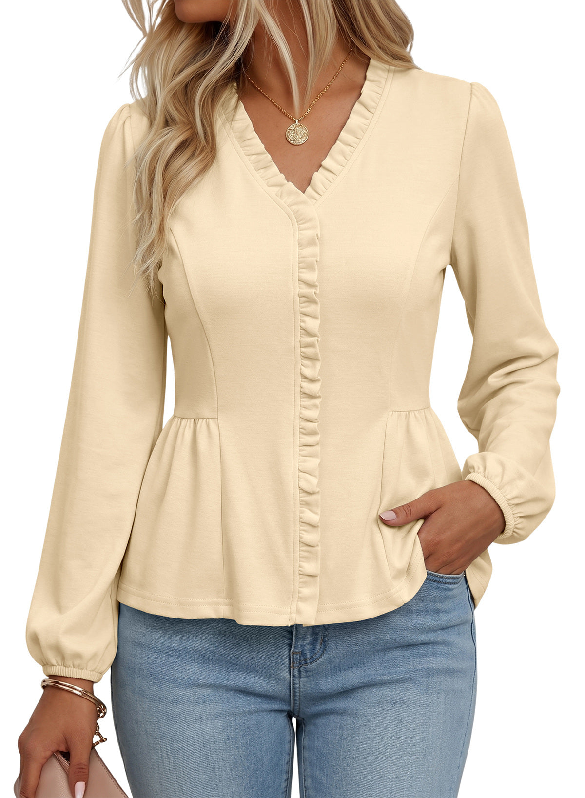 Womens Tops Ruffle Trim V Neck Peplum Babydoll Long Sleeve Shirts