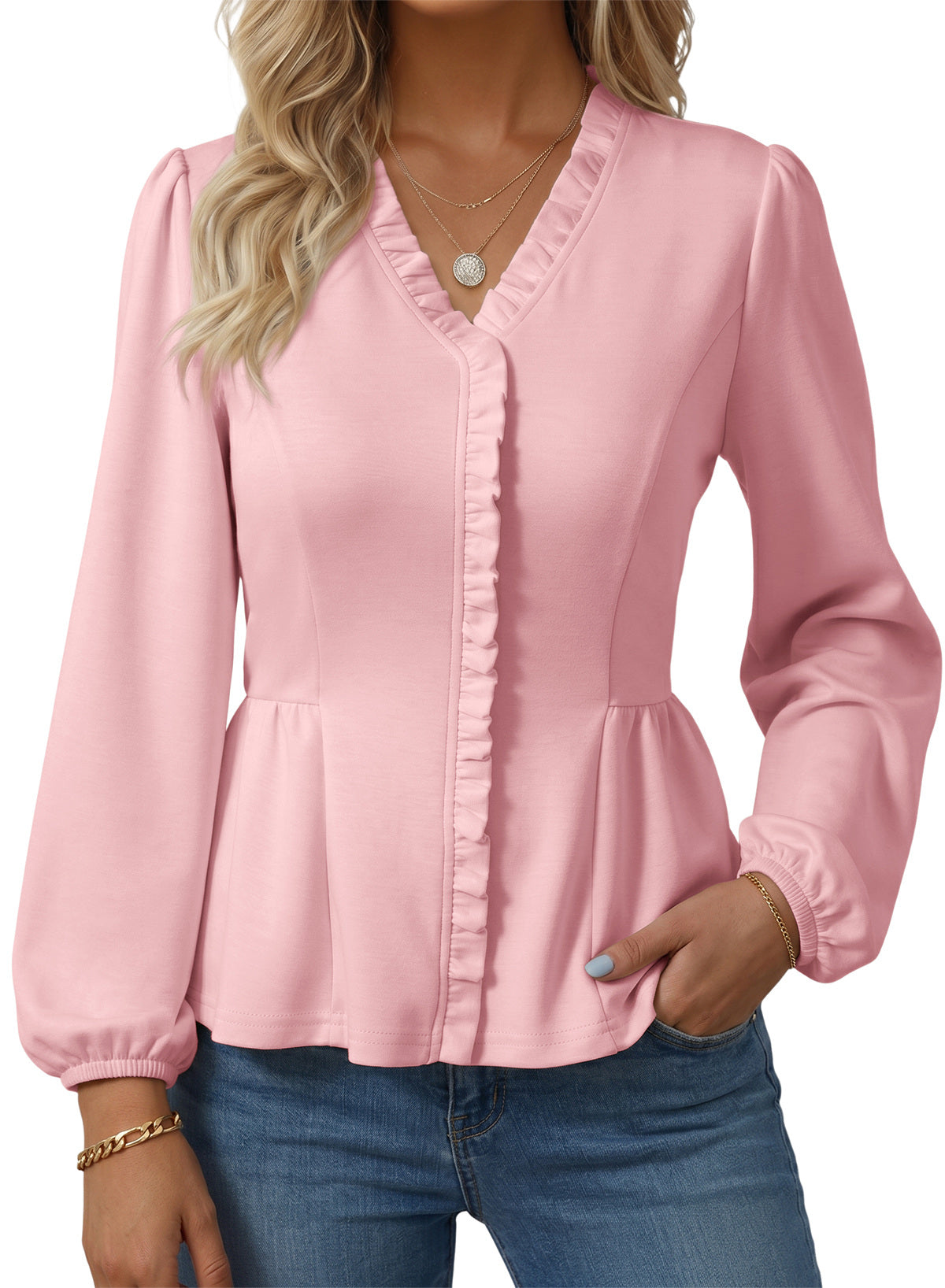 Womens Tops Ruffle Trim V Neck Peplum Babydoll Long Sleeve Shirts
