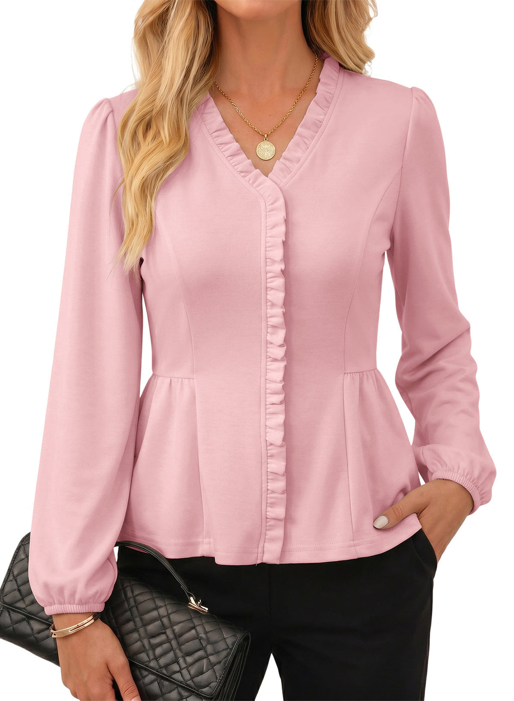 Womens Tops Ruffle Trim V Neck Peplum Babydoll Long Sleeve Shirts